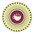 Cup with raspberries and candies in a patterned circle