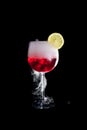 A cup of red cold cocktail with dry ice smoke and a lemon slice Royalty Free Stock Photo