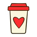 Cup with red heart-shaped label. Valentine\'s Day. Cartoon icon. Vector illustration