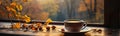 Green tea resting on window sill with a fall mountain country view banner - generative AI Royalty Free Stock Photo