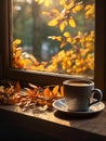 Morning cup pf coffee on a window sill with a fall mountain country view - generative AI Royalty Free Stock Photo