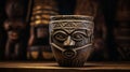 Tropical Symbolism Carved Mask On Table With African Patterns Royalty Free Stock Photo