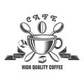 Cup with ribbons and cross spoons. Logo for cafe, teahouse, coffee house