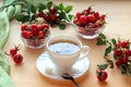 A Cup of rosehip tea with rosehip fruits in cups, close - up, side view-the concept of using medicinal herbs and fruits Royalty Free Stock Photo