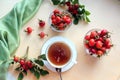 A Cup of rosehip tea with rosehip fruits in a glass dish with a green napkin, top view, close - up-the concept of using a healing