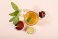 Cup of sage herbal tea, fresh sage leaves, honey and lemon