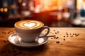 Cup on a saucer with cappuccino with a heart design on the table Royalty Free Stock Photo