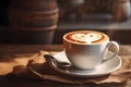 Cup on a saucer with cappuccino with a heart design on the table Royalty Free Stock Photo