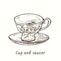 Cup and saucer with floral decor. Ink black and white drawing illustration