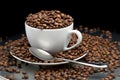 Cup and saucer full of coffee beans with a spoon Royalty Free Stock Photo