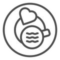 Cup on saucer with heart line icon. Hot drink on plate with love symbol, outline style pictogram on white background Royalty Free Stock Photo