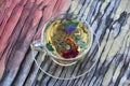 Cup and saucer of herbal tea