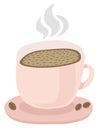 A cup with a saucer of hot coffee. Steam over hot coffee, coffee beans. Vector isolated illustration on white background Royalty Free Stock Photo