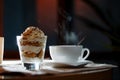 Cup, saucer, spoon and dessert in a glass Royalty Free Stock Photo