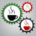 Cup sign with three small streams of smoke. Vector. Three connected gears with icons at grayish background.. Illustration.