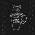 Cup in a simple linear style with cat outline on a black background. Cat cafe logo