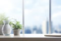 A cup sits on the inside window sill, overlooking the city in the morning, exuding tranquility and warmth. AI Generated