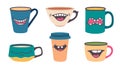 Cup with smile. Doodle mug with smiley mouth emotion, funny tea cup pop art character. Vector cappuccino coffee cute