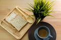 Cup soup with bread breakfast on the wood table