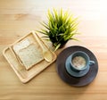 Cup soup with bread breakfast on the wood table