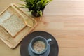 Cup soup with bread breakfast on the wood table Royalty Free Stock Photo