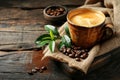 Cup of specialty coffee beans cafe mug fresh spicy juicy sweet brazil caffeine decaf americano espresso with milk cream