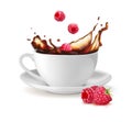 Cup with a splash of tea and the addition of fresh raspberries. Vector illustration Royalty Free Stock Photo