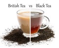 Cup split in half. Tough choice british tea vs black tea concept