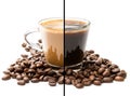 Cup split in half. Tough choice espresso vs cappuccino concept
