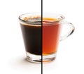 Cup split in half. Tough choice tea vs coffee concept Royalty Free Stock Photo