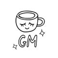 Cup, stars and lettering gm hand drawn in doodle style. vector composition scandinavian monochrome minimalism simple. good morning