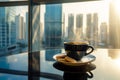 A cup of steaming coffee with cookies by the window overlooking the city.