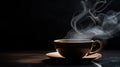 A cup of steaming coffee on a saucer with smoke coming out, AI