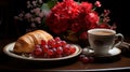 A cup of steaming espresso finding refuge on a vintage table. Accompanied by freshly baked croissants and a fresco floral bouquet