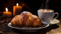 A cup of steaming espresso finding refuge on a vintage table. Accompanied by freshly baked croissants. Unique moment, where detail Royalty Free Stock Photo