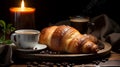 A cup of steaming espresso finding refuge on a vintage table. Accompanied by freshly baked croissants. Unique moment, where detail Royalty Free Stock Photo