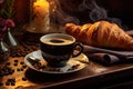 A cup of steaming hot coffee with a plate of freshly baked croissants