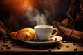 A cup of steaming hot coffee with a plate of freshly baked croissants