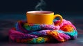 Cup of Steaming Hot Tea Coffee, Knitted Colorful Scarf