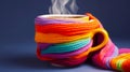 Cup of Steaming Hot Tea Coffee, Wrapped with Knitted Colorful Scarf