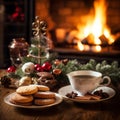 Festive Hearthside Tea: A Cozy Christmas Scene with Cookies Royalty Free Stock Photo