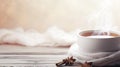 Cup of Steaming Tea Wrapped with Knitted Blanket on Blurred Background