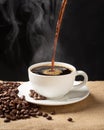 Cup of steamy coffee with smoke and coffee beans. Hot coffee on black background Royalty Free Stock Photo