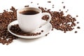 Cup of strong coffee in roasted coffee beans on white background, isolated Royalty Free Stock Photo