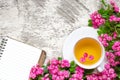 Cup of summer flower tea with pink blossoming branches and blank lined notebook Royalty Free Stock Photo