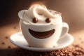 Cup of tasty cappuccino with smile cream on background Royalty Free Stock Photo