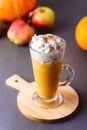 Cup of Tasty Honey Pumpkin Spice Latte with Whipped Cream Autumn Beverage Vertical Gray Background Royalty Free Stock Photo