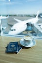 Cup of tea in airport`s business lounge. Waiting for the flight Royalty Free Stock Photo