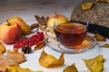 Cup of tea, autumn leaves and fruits on a wooden  background Royalty Free Stock Photo