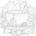 A cup of tea with berries, sweets and cinnamon. Autumn illustration.Coloring book antistress for children and adults. Royalty Free Stock Photo